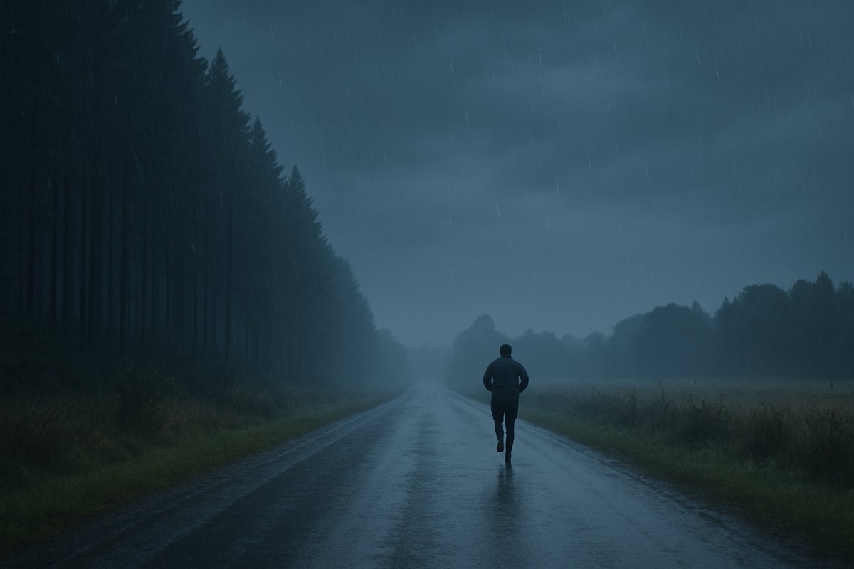 Runner on a misty road at dawn
